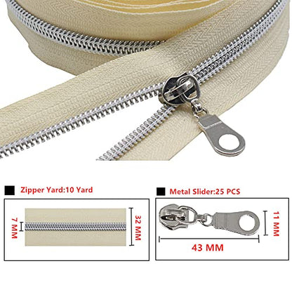 MebuZip #5 Silver Metallic Nylon Coil Zippers by The Yard Bulk Coil Zipper Roll 10 Yards with 25pcs Pulls for DIY Sewing Craft Bags (Beige) - color: Silver Beige