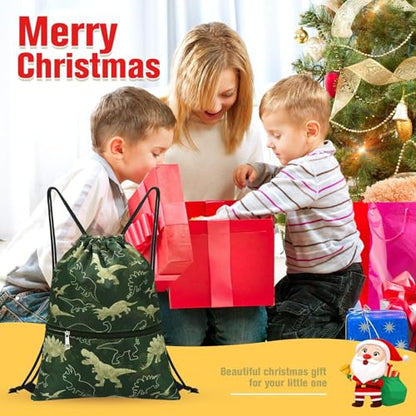 WAWASAM Kids Drawstring Backpack, Gym Swim Bag Cinch Bag for Girls Boys with Zipper Pocket - color: Dinosaur C