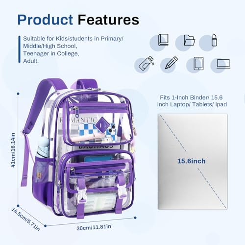 Sisipoet Clear Backpack for School, PVC Clear Bookbag Heavy Duty Transparent Backpack for Stadium Events See Through Bag - color: Dark Purple