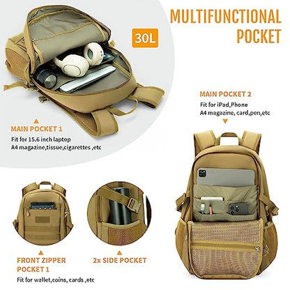 HUNTVP 10L/20L/30L Tactical Backpack Military MOLLE Backpack Rucksack Gear Tactical Assault Pack for Hunting Camping Trekking (30L-Dark Brown) - color: Dark Brown, size: 30L