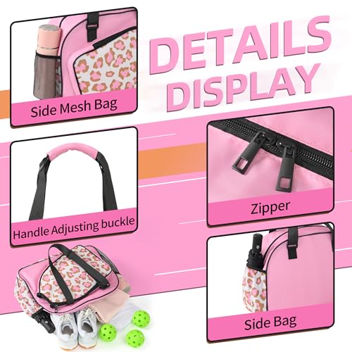 Boulder Bee Pickleball Bags, Premium Pickleball Tote Bag for Girls, Women’s Hand/Shoulder Gym Bag w Water Bottle Holder, with Pickleball Racquet/Paddle Holder - color: Leopard print-pink