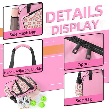Boulder Bee Pickleball Bags, Premium Pickleball Tote Bag for Girls, Women’s Hand/Shoulder Gym Bag w Water Bottle Holder, with Pickleball Racquet/Paddle Holder - color: Leopard print-pink