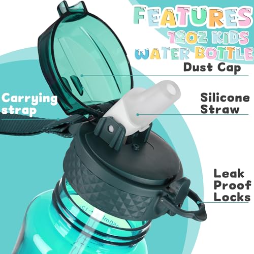 OLDLEY 12oz Kids Water Bottle, Tritan BPA-Free, Leakproof Flip Straw Lid, Motivational Time Marker, Carry Strap, Reusable Clear Water Bottle for Boys & Girls,Trout Green - color: Trout Green, style: 12 Ounces