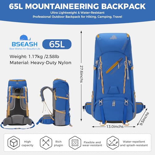 Bseash 65L Waterproof Hiking Camping Backpack with Rain Cover, Outdoor Sport Travel Daypack for Climbing Touring (Blue) - color: Blue