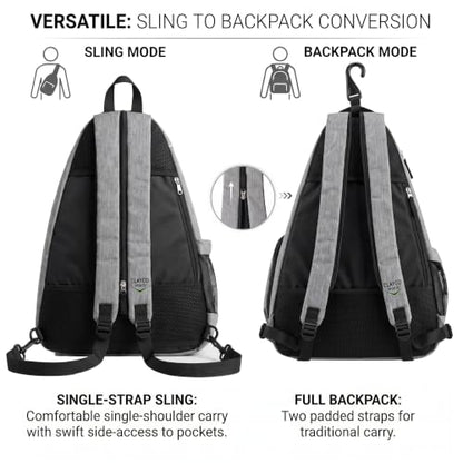 Personalized Pickleball Bag - Custom Paddle Backpack with Name or Logo, Crossbody Reversible Sling for Men & Women with Fence Hook and Water Bottle Holder - color: Gray