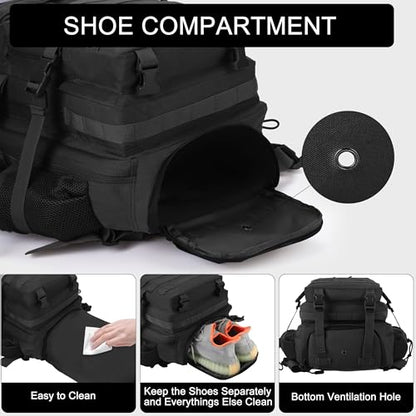 LHI Military Tactical Backpack for Men and Women 45L Army 3 Days Assault Pack Bag Large Rucksack with Shoe Compartment - color: 1.2 Shoe Compartment(black)