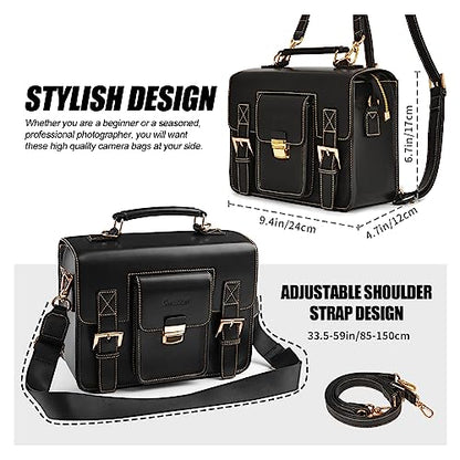 Cwatcun 3-in-1 Retro Camera Bag, PU Leather Camera Crossbody/Backpack/Case - color: Black, size: Small