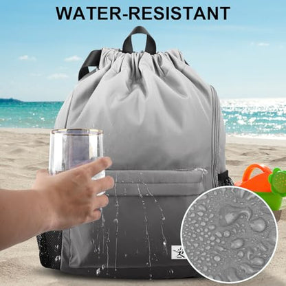 Drawstring Backpack with Mesh Pockets String Gym Bag Sackpack Sandproof Water Resistant Beach Backpack for Men Women - color: Gradient Gray