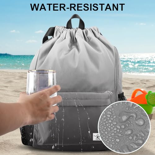 Drawstring Backpack with Mesh Pockets String Gym Bag Sackpack Sandproof Water Resistant Beach Backpack for Men Women - color: Gradient Gray