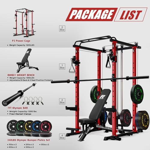 RitFit Multi-Function Garage & Home Gym Package Includes 1200LBS Power Cage PPC03/P3 with Cable Crossover System, Weight Bench, Olympic Barbell Weight Set, Full Body Workout - color: Red, style: Package 2.0K (with FBP 340lbs Plates)