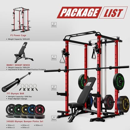 RitFit Multi-Function Garage & Home Gym Package Includes 1200LBS Power Cage PPC03/P3 with Cable Crossover System, Weight Bench, Olympic Barbell Weight Set, Full Body Workout - color: Red, style: Package 2.0K (with FBP 340lbs Plates)