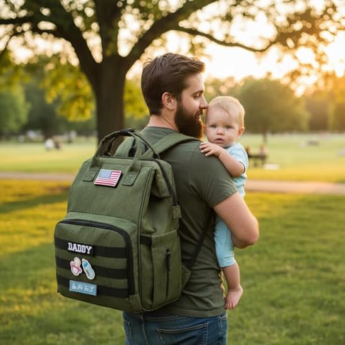 Diaper Bag Backpack for Dad and Mom with USB Charging Port Stroller Straps and Insulated Pocket,army military Travel Nappy Backpack for daddy mommy (Green) - color: Green