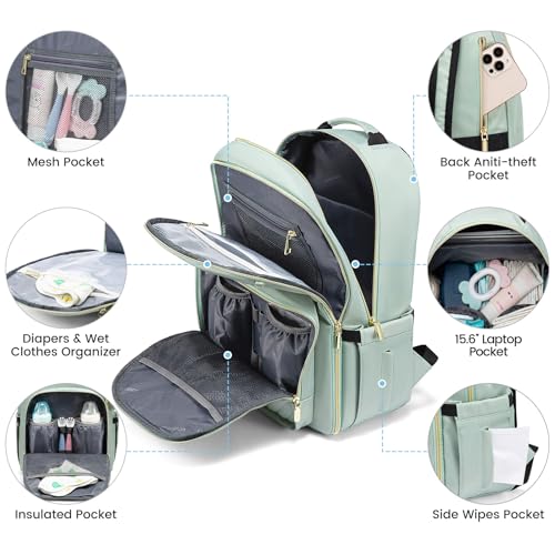 LOVEVOOK Diaper Bag Backpack, Quilted Baby Bag with Changing Pad & Pacifier Holder, Waterproof Travel Diaper Bags for Baby Boys Girls, Stylish and Large Capacity, Mint Green - color: Mint Green