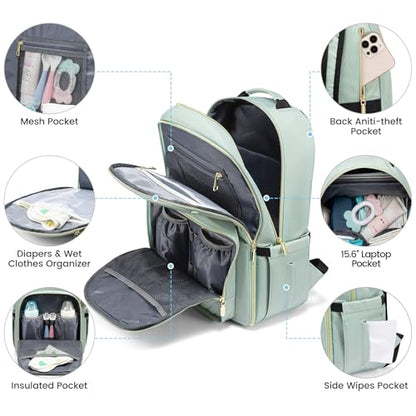 LOVEVOOK Diaper Bag Backpack, Quilted Baby Bag with Changing Pad & Pacifier Holder, Waterproof Travel Diaper Bags for Baby Boys Girls, Stylish and Large Capacity, Mint Green - color: Mint Green
