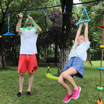 Multi-Color Ninja Rings & Monkey Bars - Adjustable Backyard Obstacle Course for Kids & Adults, Heavy-Duty Gymnastic Swing Rings, Ninjaline Slackline Training Kit (Yellow) - color: Yellow