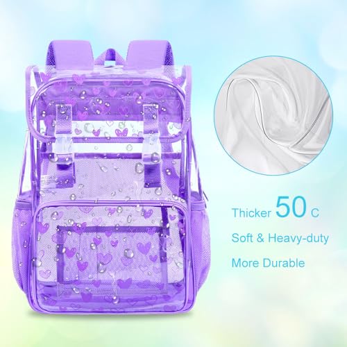 17" Clear Backpack for Girls, School Kids Transparent Bookbag Set, 3Pcs Stadium Approved See Through Backpack with Lunch Box (Purple) - color: Clear Love Purple Flip