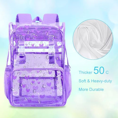 17" Clear Backpack for Girls, School Kids Transparent Bookbag Set, 3Pcs Stadium Approved See Through Backpack with Lunch Box (Purple) - color: Clear Love Purple Flip
