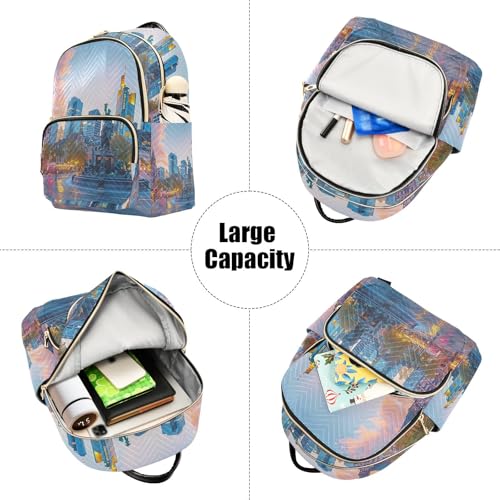 YETTASBIN Fashion Quilted Mini Backpack for Women & Girls - City Scenery Lightweight Casual Travel Daypack, M(14L) - size: Medium
