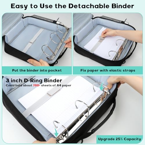 Veirdro 3 Inch D-Ring Zipper Binder Backpack for 700+ Sheets Capacity& 13 Inch Laptop Compartment, Detachable 3-Ring Zip Up Binder Bag with Backpack Straps& Water Bottle Pocket for School (Black)