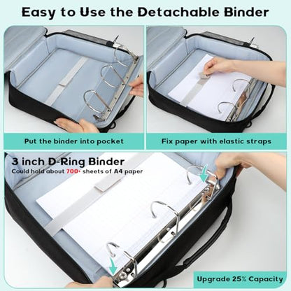 Veirdro 3 Inch D-Ring Zipper Binder Backpack for 700+ Sheets Capacity& 13 Inch Laptop Compartment, Detachable 3-Ring Zip Up Binder Bag with Backpack Straps& Water Bottle Pocket for School (Black)