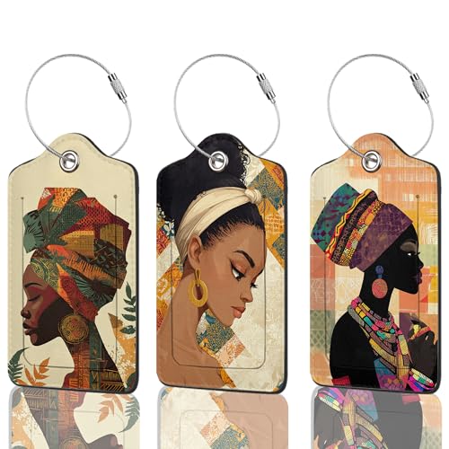 African Woman Luggage Tag, 3 Pack Luggage Tags for Suitcases, Cute Suitcase Tags Identifiers Bag Tags with Privacy Flap, Baggage Name Tag for Women Men Luggage Backpack Handbag School Bag - color: African Woman