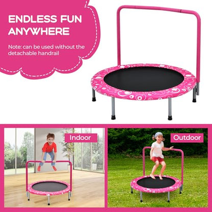 KOTEK 36 Inch Toddler Trampoline, Foldable Mini Recreational Trampoline with Handle & Safety Padded Cover, ASTM Approved Small Baby Trampoline, Indoor Trampoline for Kids, Max Load 330 Lbs - color: Pink