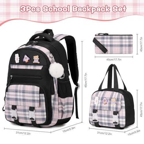 3PCS School Backpack for Girls, Girls Backpack with Lunch Box, Pencil Case, Cute Kawaii Plaid Book Bag for Teen Girl Kindergarten Elementary Preschool Middle High School, Black Pink - color: Black