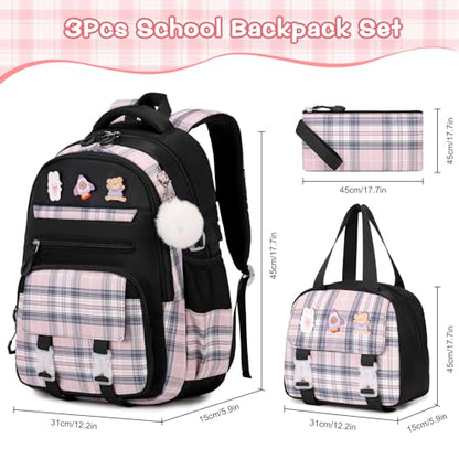 3PCS School Backpack for Girls, Girls Backpack with Lunch Box, Pencil Case, Cute Kawaii Plaid Book Bag for Teen Girl Kindergarten Elementary Preschool Middle High School, Black Pink - color: Black
