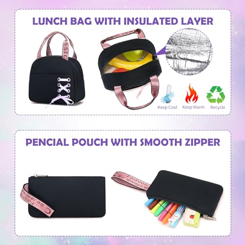 ACESAK Backpacks for Girls, Girls Backpack with Lunch Box and Pencil Case for Teen Kids Elementary Middle High School College Student, Children Backpack Bookbag with USB Charging Port (Black Purple) - color: Black With Purple Zipper
