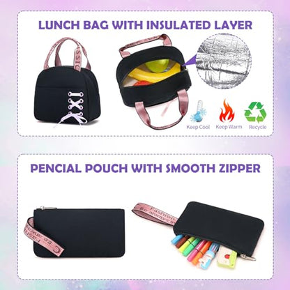 ACESAK Backpacks for Girls, Girls Backpack with Lunch Box and Pencil Case for Teen Kids Elementary Middle High School College Student, Children Backpack Bookbag with USB Charging Port (Black Purple) - color: Black With Purple Zipper