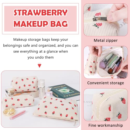 3 Pcs Makeup Bag Cosmetic Bag Set for Girls Women Travel Organizer Bathroom Toiletry Pouch Large Capacity Storage Bag (Strawberry Beige) - color: Strawberry Beige