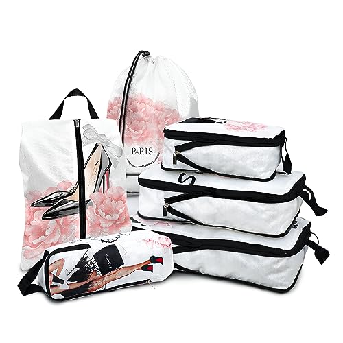 6 Pcs Compression Packing Cubes for Travel, Waterproof Luggage Organizer Washable Storage Bags Set - Packaging Cubes for Backpack Travel and Carry-Ons - color: white pink, size: 6 Set