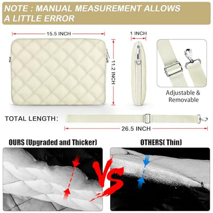 Puffy Quilted Laptop Sleeve with a Removable Shoulder Strap Compatible with MacBook Air 15 inch M2 A2941 2023/Pro 15 A1990 A1707, 15 Surface Laptop 5/4/3,Dell XPS 15,HP Stream 14 inch - color: Sleeve - Beige, size: 15 inch