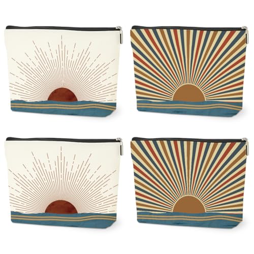 4PCS Sunshine Makeup Bag, Boho Gifts for Women, Natural Linen Zipper Pouch, Sunlight Rays Nature Best Sunshine Gifts for Girls Sister Travel Boho Cosmetic Bag - color: Multicolor 0096