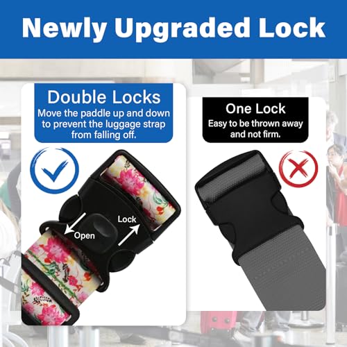 Luggage Straps for Suitcases, Travel Adjustable Belt with Quick Release Buckle, Heavy Duty Nylon Bag Packing Strap, Unique Bright Identifiers Business Travel Accessories (2 Pack) - Pink Flowers - color: Peach Pink