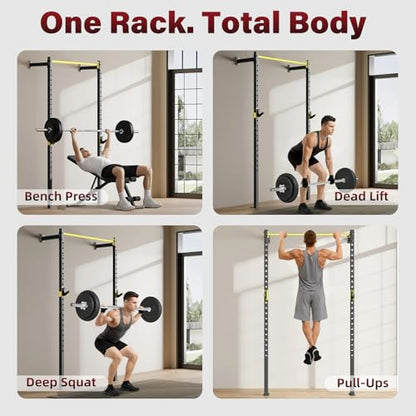 SPORTSOUL Wall Mounted Power Cage, 900lbs Squat Rack with Pull Up Bar for Home Gym, Space-Saving 2"x2" Pull-Up Station with Adjustable J-Hooks for Garage & Apartment - color: Yellow