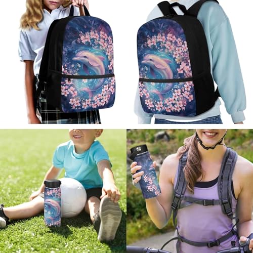 ZOUTAIRONG Girls School Bags Insulated Water Bottle for Hot & Cold Drinks, Cherry Blossom Dolphin Printed Lightweight Casual Backpack with 2 Side Pockets for Thermos - color: Cherry Blossom Dolphin