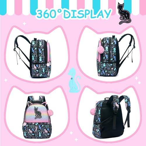 Cute Cat School Backpacks for Girls Backpacks for School Black Bookbag with Lunch Box for Elementary Students Ages 6-8 Years Old - color: Black Cat
