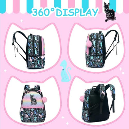 Cute Cat School Backpacks for Girls Backpacks for School Black Bookbag with Lunch Box for Elementary Students Ages 6-8 Years Old - color: Black Cat