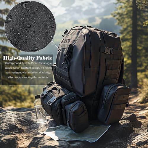 60L Tactical Backpack Military 3-Day Assault Pack, Waterproof Molle System Rucksack with Detachable Bag, Survival Bug Out Backpack for Men & Women(Black) - color: Black
