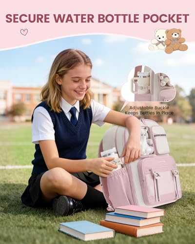 LOVEVOOK Cute School Backpack for Girls Ages 8-14, Bookbag with Plush Bear & Clear Display Pocket, Fits 15.6 Inch Laptop & 40oz Tumbler, Back to School Backpack for Elementary & Middle School - color: Black / Cream