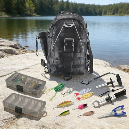 Fishing Tackle Backpack with 2 Tackle Boxes, 208PCS Complete Fishing Gear Kit for Beginners, Waterproof Fishing Bag Organizer with Fish Hook Remover, Lip Gripper, Pliers, Ideal Gift for Men