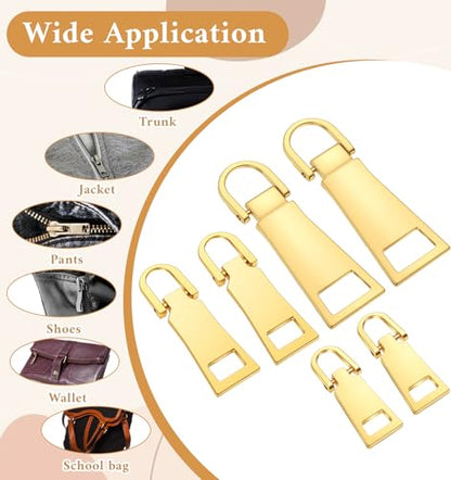 6 Pcs Zipper Pull Replacement, Gold Zipper Pull for Luggage, Backpack, Jacket, Suitcase & Handbags, Durable Metal Zippers Slider Repair Kit (Small/Middle/Large)