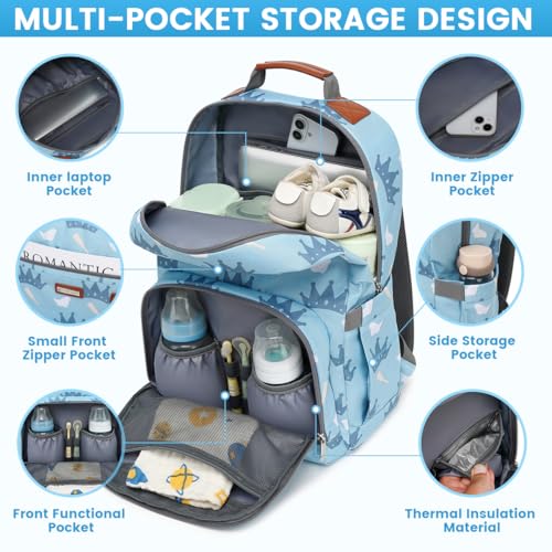 Diaper Bag Backpack, Large Baby Nappy Bags with Portable Changing Pad for Boys and GirlsMultifunction Travel Baby Bag for Moms Dads, Shower Gifts Waterproof and Stylish - color: Little Royal Blue