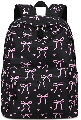 LEDAOU School Backpack for Teen Girls - 15.6 Inch Laptop Backpack, Cute Bow Aesthetic Bookbag, Lightweight Water Resistant Daypack for Middle High School, College and Travel, Black - color: A-black Bow Tie