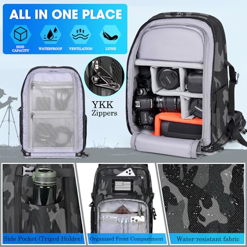 SDYSM Camera Backpack Bag Professional for DSLR/SLR Mirrorless Camera Waterproof 15.6 inch Tactical Camera Bags for Photographers with Rain Cover, Tripod Holder, Small Bag Photography Backpack Case - color: Camouflage Grey