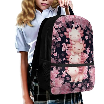 Backpack for Boys Girls Axolotl Cherry Blossom Backpacks 3 Pack Elementary School Bag with Reusable Lunch Bag Pencil Case Set Preschool Kindergarten Toddler - color: Axolotl Cherry Blossom