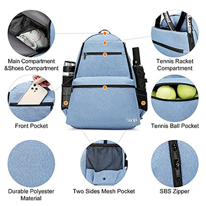 Sucipi Tennis Bag Professional Tennis Backpack for Men and Women Racket Bags Holds 2 Rackets with Ventilated Shoe Compartment - color: Sky Blue
