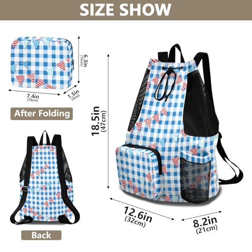 Drawstring Backpack Gym Sackpack With Water Bottle Holder Athletic Cinch Sack Waterproof Blue Gingham with Bunting
