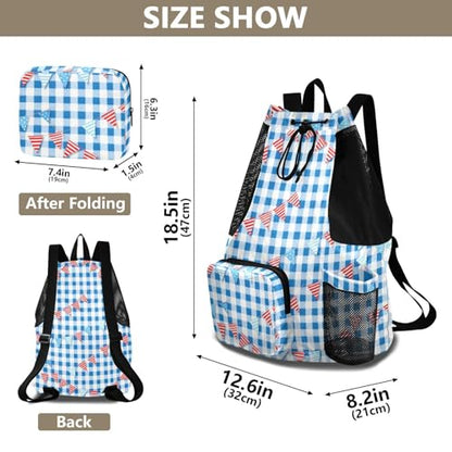 Drawstring Backpack Gym Sackpack With Water Bottle Holder Athletic Cinch Sack Waterproof Blue Gingham with Bunting